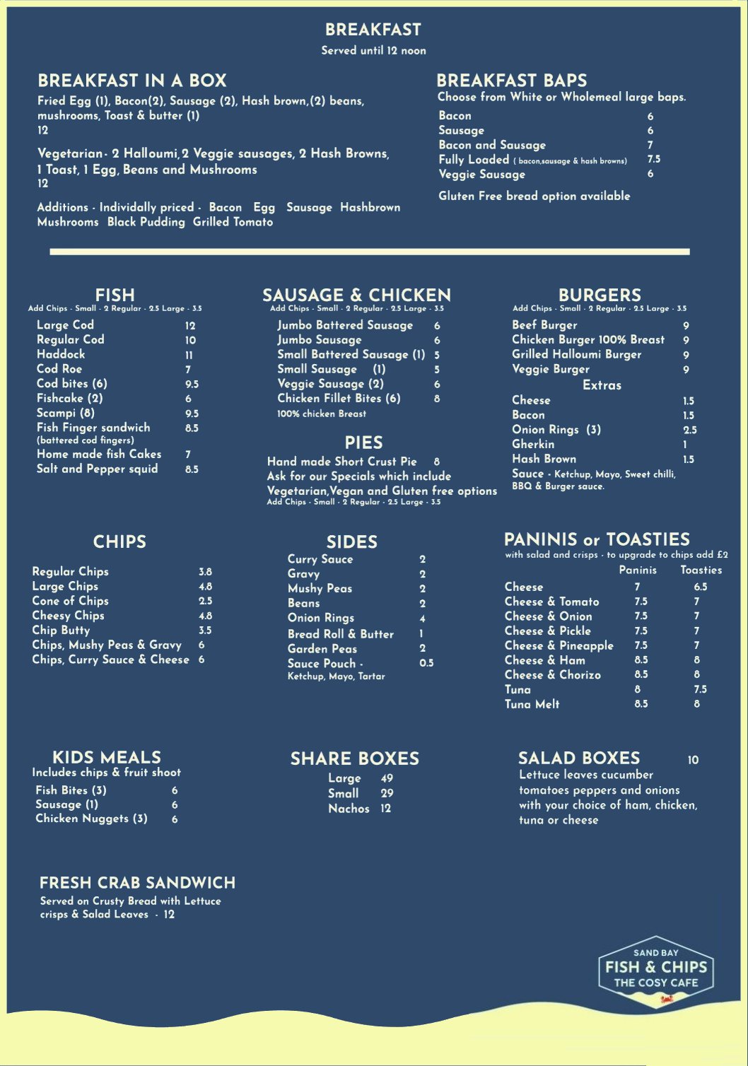 Menu - Sand Bay Fish & Chip Shop & The Cosy Cafe
