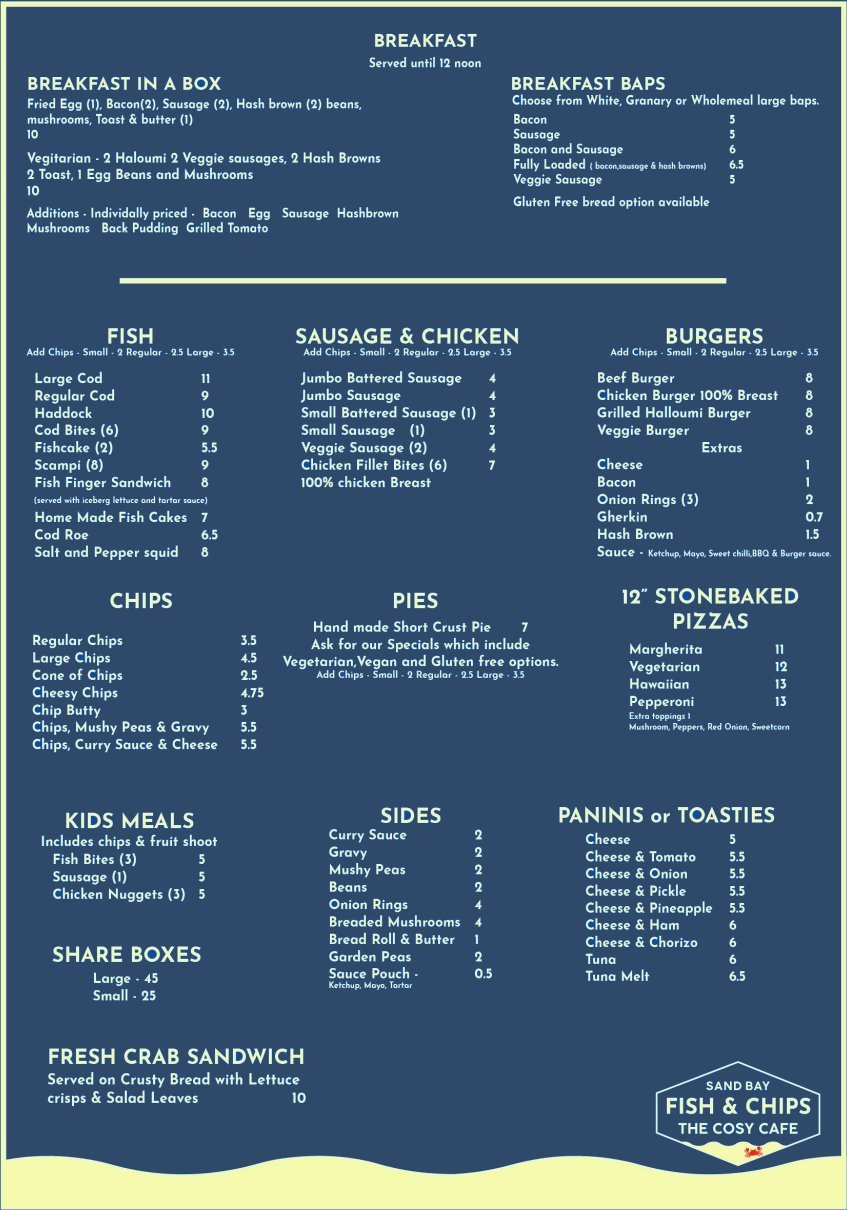 Menu - Sand Bay Fish & Chip Shop & The Cosy Cafe